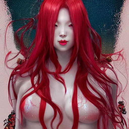 Image similar to albino maiko as a mermaid with very long hair, red and white neon, concept art, intricate details, highly professionally detailed, cgsociety, highly detailed -