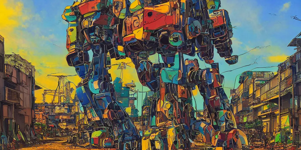 Prompt: colourful - damaged - giant mecha ROBOT of AJEGUNLE SLUMS of Lagos, markings on robot, Golden Hour, in the style of Ghibli,