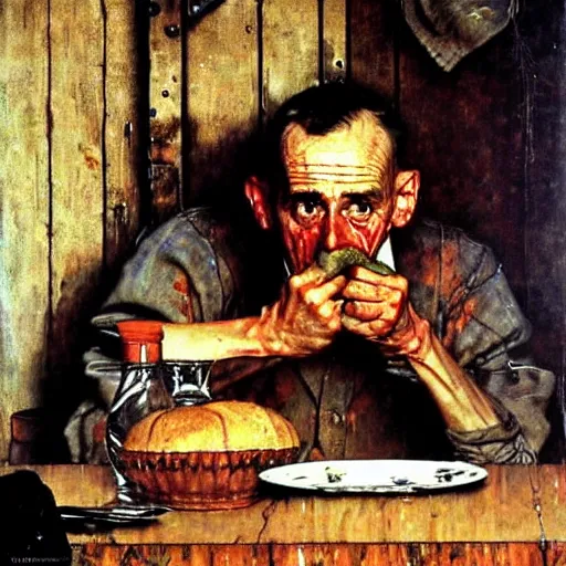 Image similar to a condemned prisoner eating his last meal, somber, dirty, artist norman rockwell and john sargent,