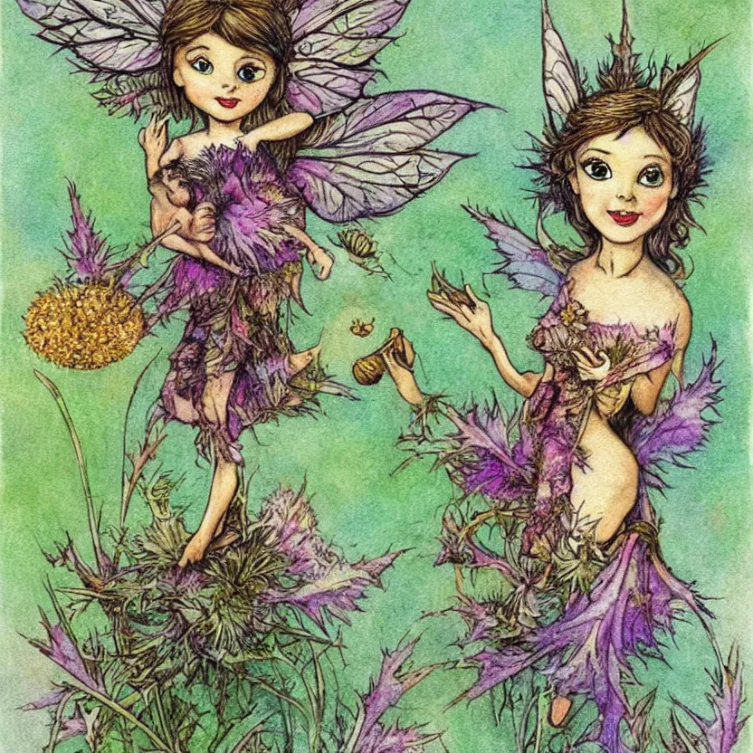 Image similar to a beautiful fairytale painting of a cute thistle seed fairy, a fairy made out of a thistle seed.