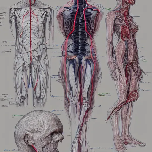 Image similar to how the nervous system works, sketch, medical drawing with annotations, digital Painting, artstation, ultradetailed