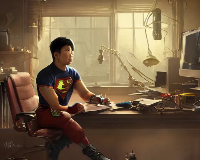 Image similar to an insanely detailed painting of a nerdy asian man wearing a superhero costume, sitting at a desk, staring at the nervously at the computer and typing, in the style of peter mohrbacher, dramatic lighting and composition, octane render, pixar, trending on artstation, concept art, comic book, view from behind