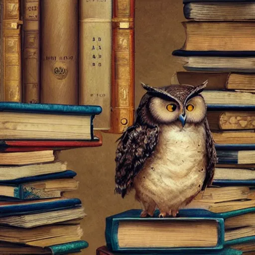 Prompt: long shot of a very cute plushy tired owl sitting on a pile of antique books, by esao andrews, by james jean, humorous illustration, hyperrealistic, big depth of field, fresh colors, dim light, 3 d octane render conceptart, 4 k, hyperdetailed, trending on artstation