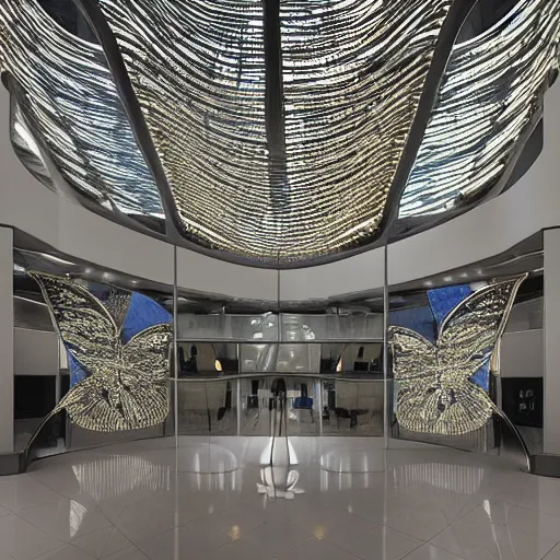 Prompt: extremely detailed ornate stunning beautiful futuristic museum lobby interior by Zaha Hadid, stunning butterfly wing pattern