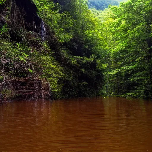 Prompt: Photograph of the Great Smokey Mountains flooded by orange juice