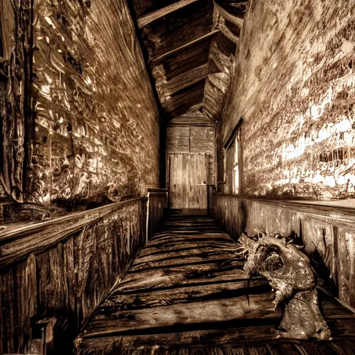 Prompt: picture of a cronenberg - like creature, southern gothic, inside of an old wooden church in louisiana, dark and intricate photograph