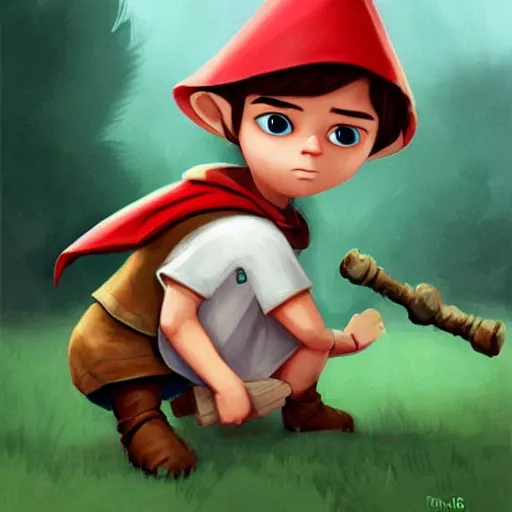 Image similar to cute little boy character inspired in little hood red and link from legend of zelda, digital artwork made by lois van barlee and rhads