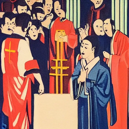 Image similar to a realistic oil painting of baby priest giving orders to its congregation of followers. art deco style mixed with retro japanese book art