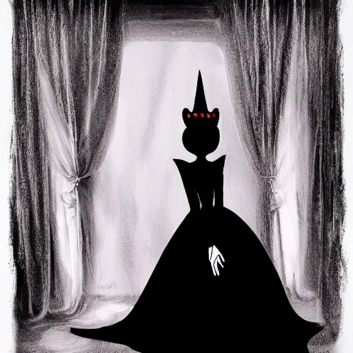Prompt: the black silhouette of disney's evil queen in a gothic dark bedroom facing the camera. photo realistic. realistic image. oniric. dream - like painting.