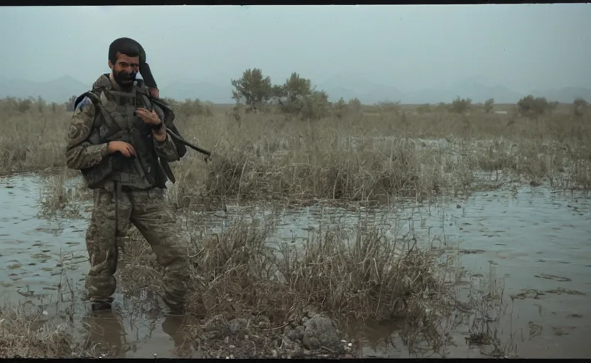 Prompt: Drake serving in a swamp in Afghanistan, film grain