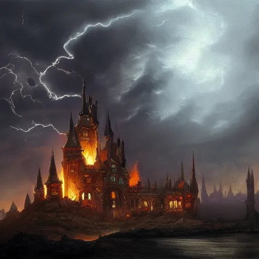 Prompt: Hyper detailed painting of a fantasy castle burning with a magical fire, smoke rising from the castle, dark clouds above, lightning, by Raphael Lacoste, trending on artstation