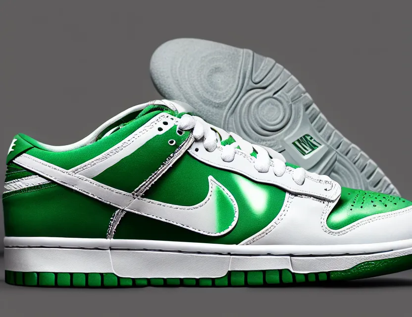 Image similar to a press photograph of nike dunk low pine green and white, size 1 0, white background