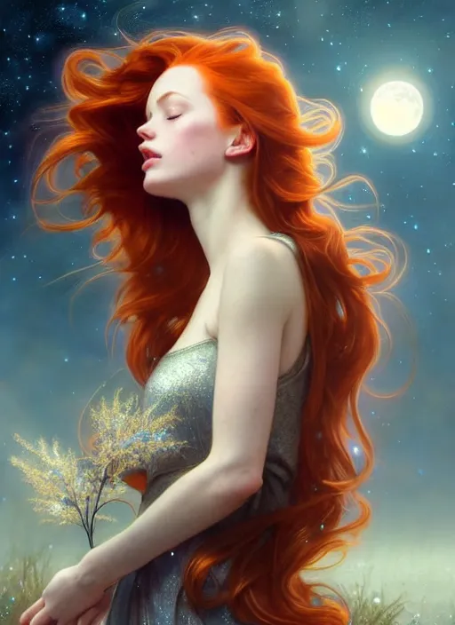 Prompt: beautiful redhead girl surrounded by starlight, eyes closed, moon behind her, holding a fairy in her hand, shiny, fantasy, int ricate, elegant, hyper detailed, ultra definition, photoreal, artstation, unreal engine rendered, concept art, smooth, sharp focus, illustration, art by artgerm and greg rutkowski and alphonse mucha and garis edelweiss