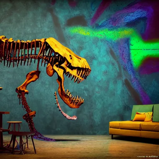 Image similar to t - rex skeleton drinking a giant ipa, intricate complexity, inverted rainbow drip paint, psychedelic glitch art, trending on art station, photoreal, 8 k, octane render