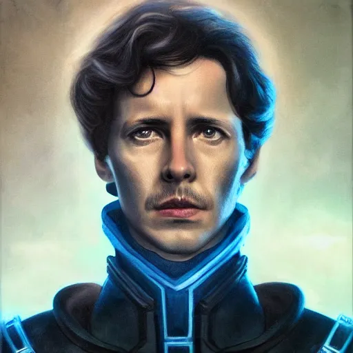 Prompt: realistic paul atreides emperor of the known universe, perfect dramatic and dark portrait by rabbitary b, trending on artstation, deviantart, dune, low angle oil painting and composition laws, dark foggy background, masculine man with thin lines on the face, completely blue eyes, denis villeneuve cinematography