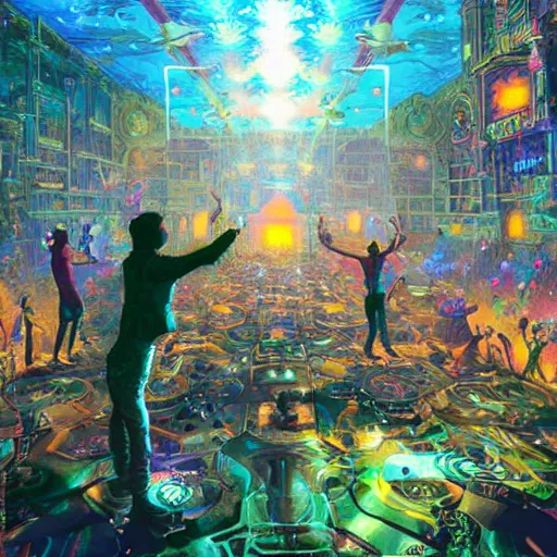 Image similar to rave dance party cryengine render by android jones, james christensen, rob gonsalves, and tim white