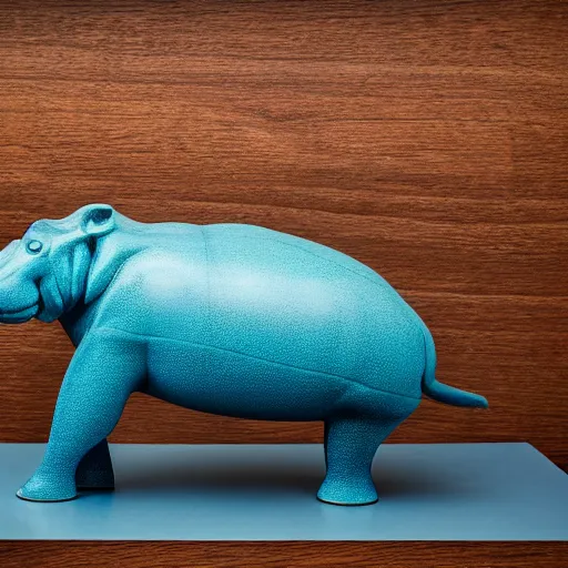 Image similar to a smooth museum - quality hippopotamus made of polished wood with visible wood grain grafted onto teal blue ceramic, hd photograph, matte gray background