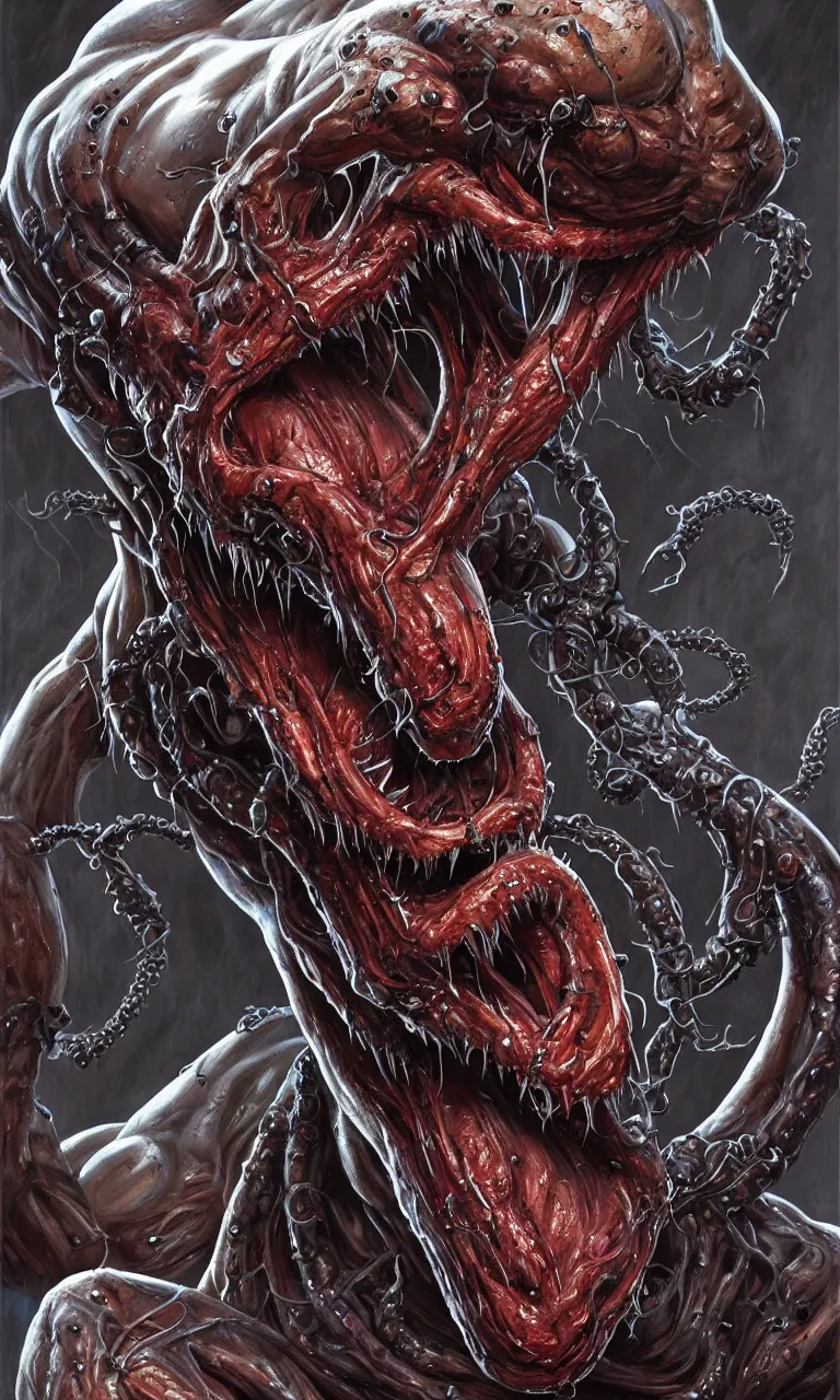 Prompt: hyper realist full body long shot portrait of bodybuilder venom legs from marvel comics!!!!, large mouth with teeth, large tongue, lovecraftian horror!!, fantasy, intricate, elegant, highly detailed, digital painting, artstation, concept art, matte, sharp focus, illustration, art by glenn fabry and giger