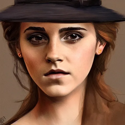 Prompt: sensual emma watson wearing a hat and a dress, looking seductive, cowgirl, hyperrealistic, artgerm, greg rutkowski, artstation, highly detailed