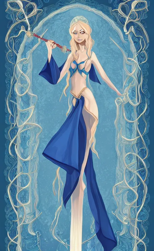 Image similar to elf female sorcerer doing water magic spells, blue robes, exquisite details, full body character design on a white background, by studio muti