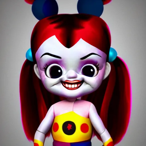 Image similar to baby harley quinn caricature with pigtail in hair like pebbles flintstones playing with a magic wand, full body, big head, large smile, pixar style, 4 k trending on artstation