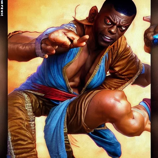 Image similar to chris tucker as dhalsim street fighter, jump kick, 4 k, ultra realistic, detailed focused art by artgerm and greg rutkowski and alphonse mucha