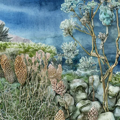 Prompt: delicate coastline mountain garden on paper, stony, puffy, botanical herbarium, botanic watercolors, iridescent, 8 k wide angle, realistic shaded, fine details, artstation, italian, colonnade, oak, pinecone, pomegranade, vines, gardena architecture, pompeian, sicilian