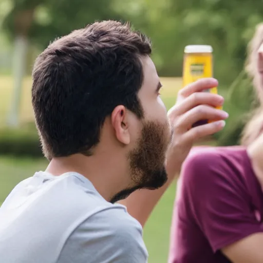 Image similar to very nervous male college student on his first date with a very attractive female at college shotgunning a beer on his birthday, in real life, hyper realistic, realistic, great detail, very very detailed, detailed, 8 k, 4 k uhd