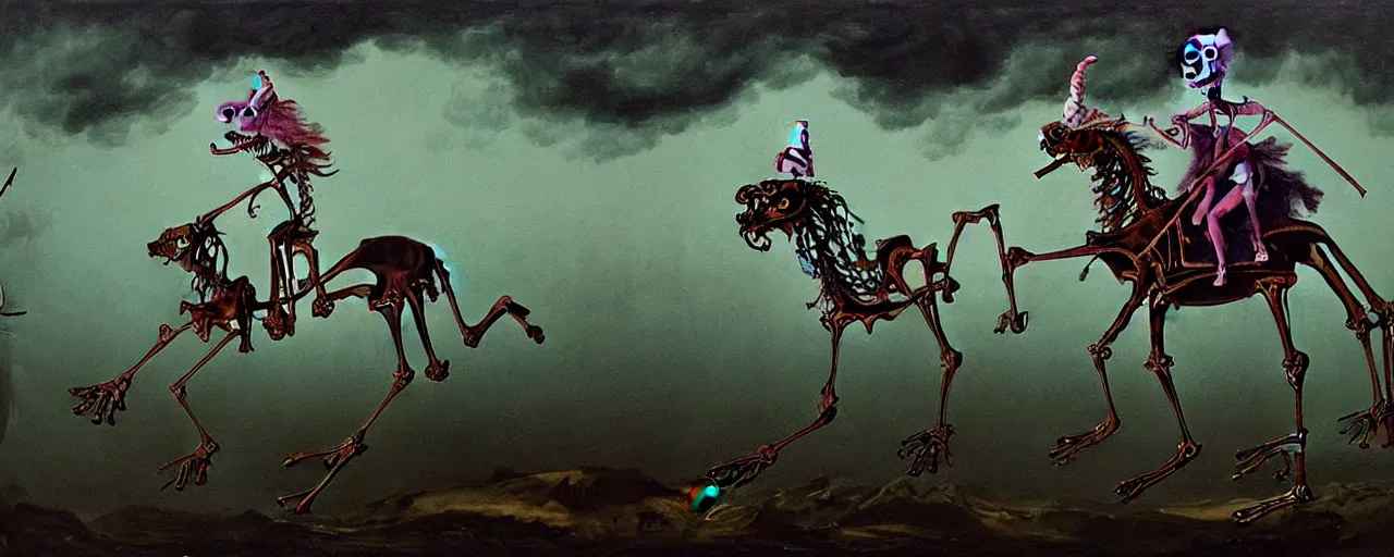 Image similar to muppet frog horseman riding a glowing baroque unicorn skeleton in foggy dark landscape, in style of tarot card, painting by neo rauch, part by adrian ghenie and daniel richter, in color palette of francis bacon, eerie, mystical, sublime