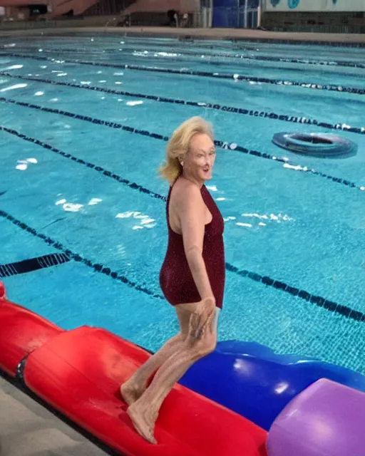Prompt: a cursed image of meryl streep seen from a distance in a dark, empty swimming pool with water slides, really scary, looking this way.
