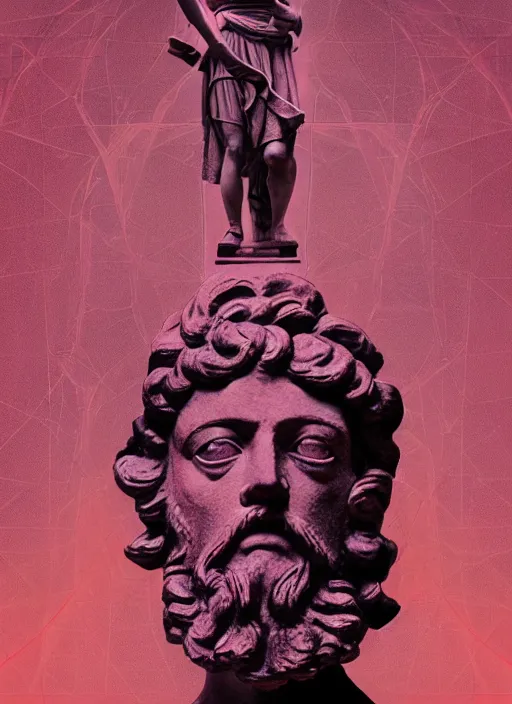 Image similar to design poster showing a statue of marcus aurelius, black background with very subtle red and purple design elements, gradients, powerful, nekro, guido crepax, graphic design, collage art, thin lines, dark, glitch art, neo vaporwave, gritty, layout frame, square, trending on artstation