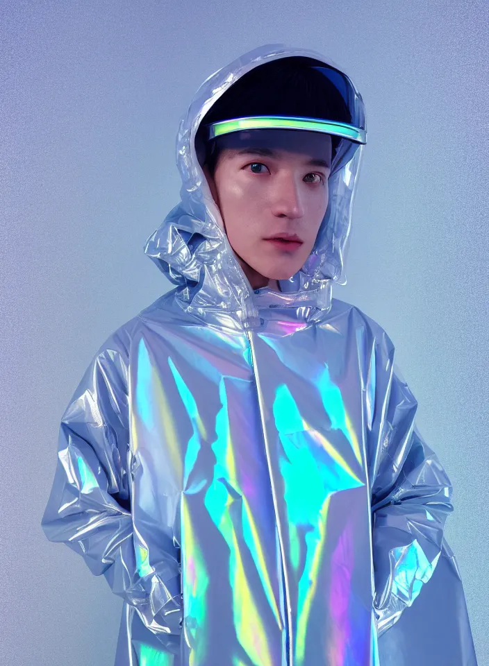 Image similar to an ultra high definition professional studio quality photograph of a single android influencer with silver skin wearing a transparent iridescent pastel coloured visor and matching wavey raincoat on white hook in a sheer icelandic black rock environment. three point light. dramatic lighting. volumetric shadows. light rays