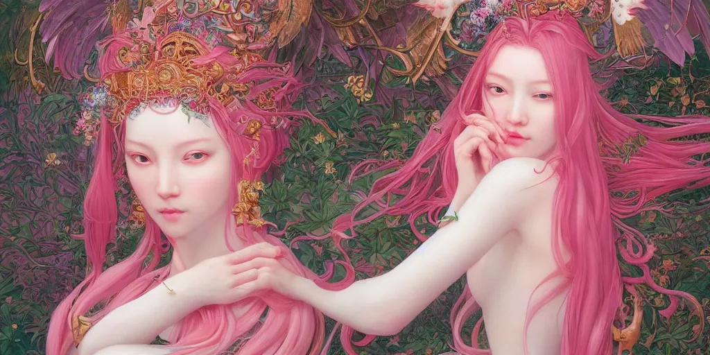 Prompt: breathtaking detailed concept art painting of the goddess of flamingo with pink hair, orthodox saint, with anxious, piercing eyes, ornate background, amalgamation of leaves and flowers, by Hsiao-Ron Cheng and John James Audubon and Miho Hirano, extremely moody lighting, 8K