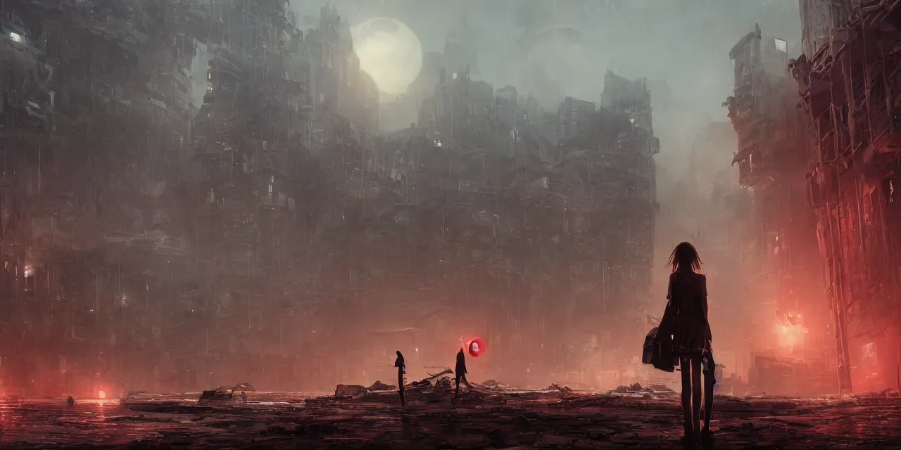 Image similar to a detailed illustration of a lonely girl against the background of a ravaged city and a red moon, artstation, by Frederik Heyman, sophisticated, Unreal engine, dystopia, anti-utopia, post processing, nostalgic melancholic artwork, intricate