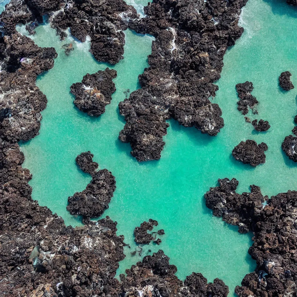 Image similar to birds eye view tide pools, clear pools of water with swirling sea foam, dark black smooth obsidian boulders, floating kelp, small fishes, octopus