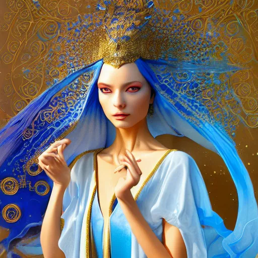 Prompt: a beautiful woman wearing a blue and white kaftan made of silk with golden ornaments and diamonds by alex gray and android jones , Karol Bak, Ayami Kojima, Amano , concept art, character design, fantasy,3D, 8k resolution