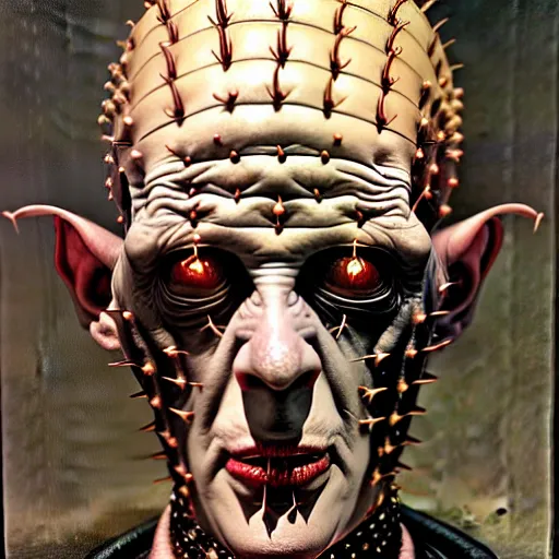 Prompt: portrait of pinhead from hellraiser. demonic cenobite. oil painting by lucian freud. path traced, highly detailed, high quality, j. c. leyendecker, drew struzan tomasz alen kopera, peter mohrbacher, donato giancola