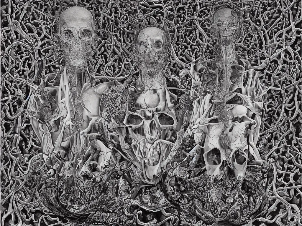 Image similar to meditation on death by Alex Grey and M. C. Escher collaboration