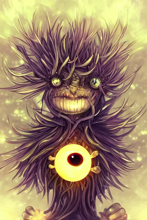 Image similar to a humanoid figure dandelion monster with bulbous glowing eyes, highly detailed, digital art, sharp focus, trending on art station, artichoke, anime art style