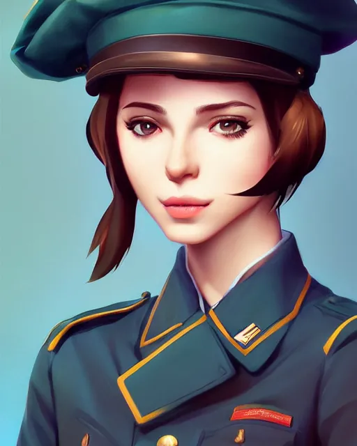 Image similar to young woman with shoulder length light brown hair and hazel eyes dressed in a sharp dark teal military uniform and beret, smiling, ilya kuvshinov, greg rutkowski, guweiz, ross tran, svetlana tigai, artgerm, loish, artstation trending, concept art, digital painting