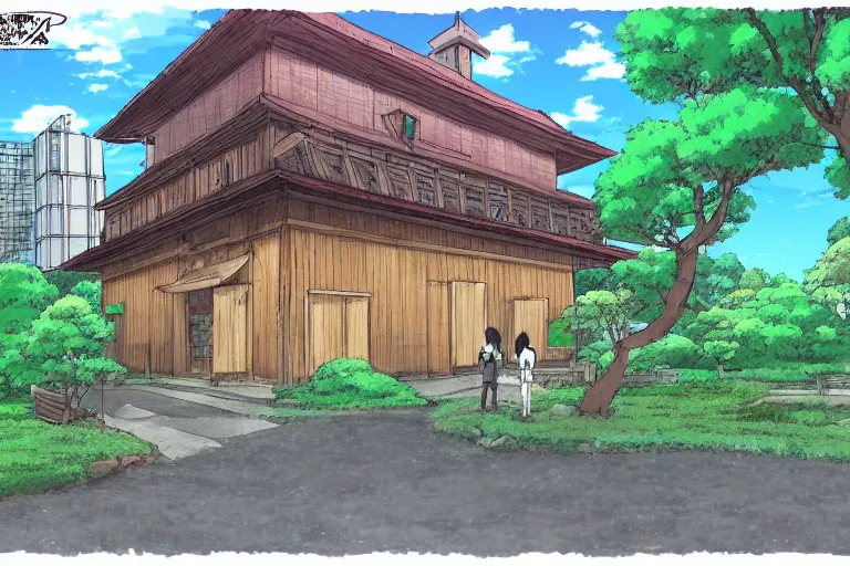 Prompt: exterior wide shot of kichijouji petit mura in the style studio ghibli and makoto shinkai