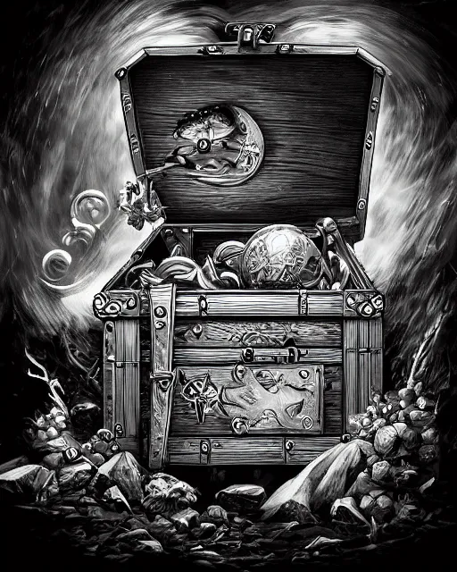 Prompt: a treasure chest, black and white, fantasy art, object art, illustration, fantasy, intricate, hyper detailed, artstation, concept art, smooth, sharp focus, ray tracing