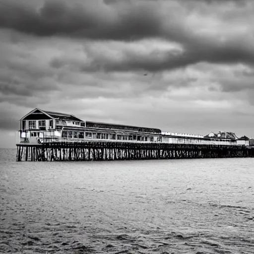 Image similar to close up of paignton pier, cinematographic shot,