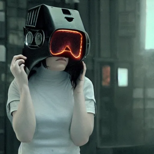 Image similar to movie still of a girl with a cyborg cat helmet, cinematic composition, cinematic light, by edgar wright and david lynch