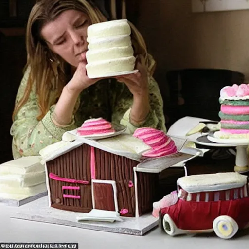 Prompt: A woman discovers that everything is made of cakes: the house, the car and even herself