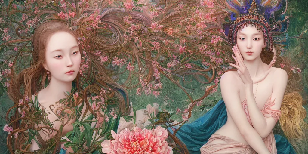 Image similar to breathtaking detailed concept art painting of the goddess of flamingo, orthodox saint, with anxious, piercing eyes, ornate background, epic composition, amalgamation of leaves and flowers, by Hsiao-Ron Cheng and John James Audubon and Miho Hirano, extremely moody lighting, 8K