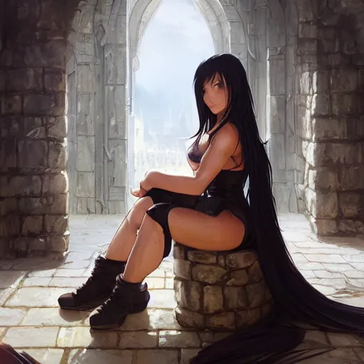 Image similar to a painting of tifa from final fantasy 7, in kings landing from game of thrones, sitting majestic on the iron throne, by greg rutkowski, artgerm, wlop, ruan jia, krenz cushart, alphonse mucha, marble, gold, unreal engine 5