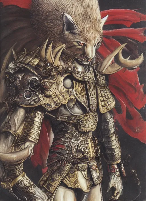 Image similar to 8k Yoshitaka Amano painting of upper body of a young cool looking slim caracal beast-man with white mane at a medieval market at windy day. Depth of field. He is wearing complex fantasy armors. He has huge paws. Renaissance style lighting.