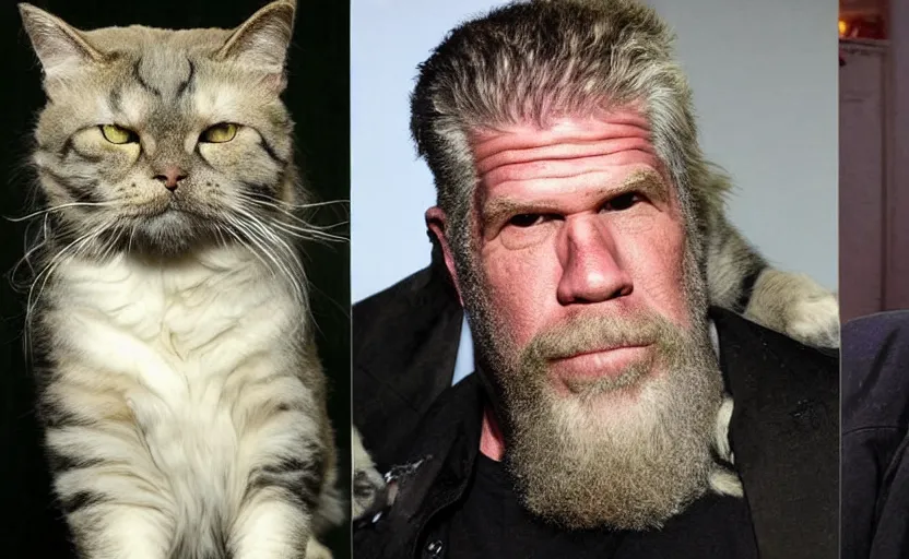 Prompt: ron perlman with his pet cat that looks like him