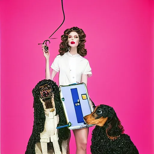Image similar to a studio portrait of a beautiful fashion model that is curling her hair and hir dogs in the curls. surreal photograph, lo - fi, polished look, silly and serious, hermes ad, fashion photography, toiletpaper magazine, 3 5 mm photograph, colourful, by pierpaolo ferrari, maurizio cattelan